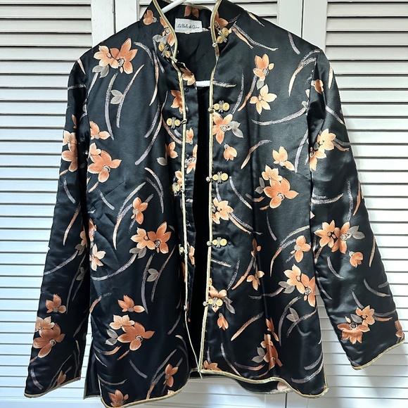 La Belle de Chine Vintage Floral Silk Jacket Black Amber Green Medium - Picture 1 of 13
